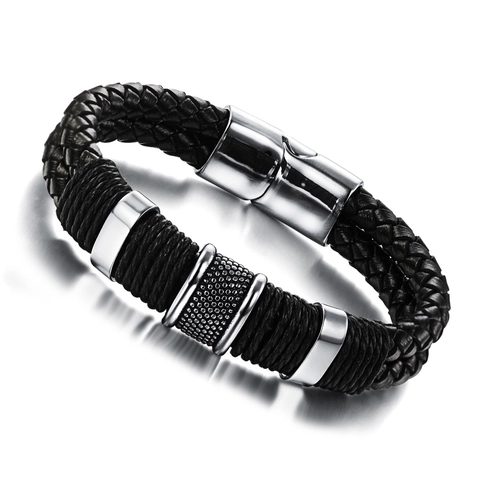 Men Fashion Braided Leather Bracelet Stainless Steel Magnetic Clasp Industrial Style Casual Punk Wristband Hand Jewelry Gift For Him