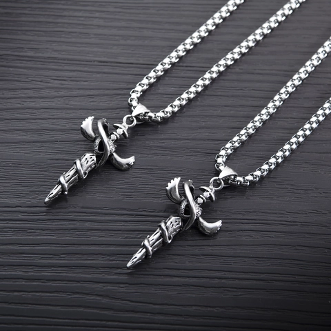 Vintage Titanium Steel Snake Sword Cross Pendant Necklace Gothic Punk Heart Rhinestone Wings Necklace Jewelry For Men