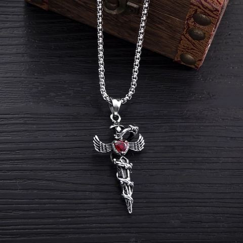 Vintage Titanium Steel Snake Sword Cross Pendant Necklace Gothic Punk Heart Rhinestone Wings Necklace Jewelry For Men