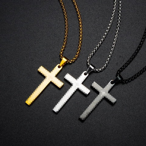 Retro Edelstahl Kreuz Anhänger Halskette Herren Hip Hop Punk Box Kette Schmuck Gold Silber Schwarz Vaterunser Schrift