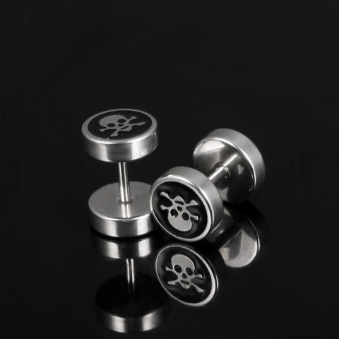 Punk Herren Edelstahl Totenkopf Ohrstecker Poliert Silber Schwarz Rund Schraubverschluss Ohrringe Mode Hip Hop Ohr Schmuck
