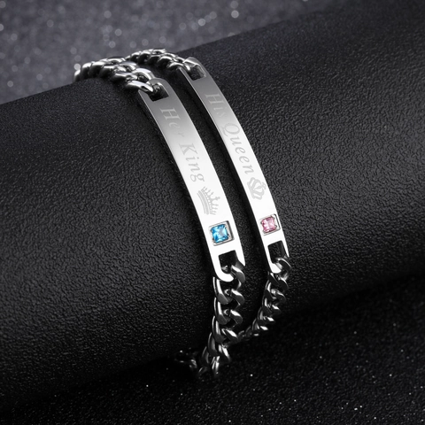 Edelstahl Paar Armbänder Mit Blau Rosa Zirkonia Krone Gravur Her King His Queen Schmuck Für Liebhaber Valentinstag Geschenk
