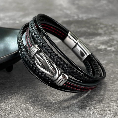 Men Multilayer Leather Bracelet Woven Stainless Steel Infinity Knot Magnetic Clasp Punk Rock Streetwear Jewelry Gift