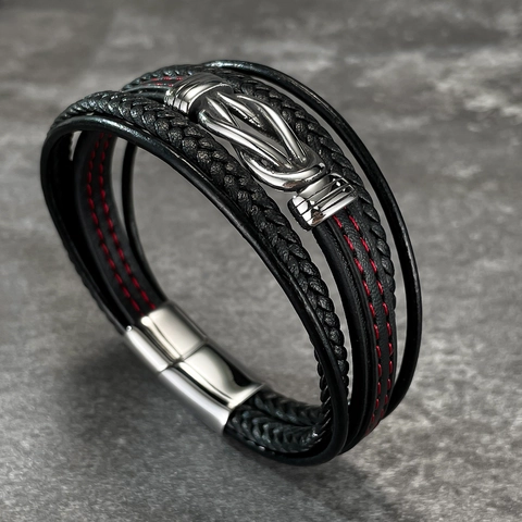 Men Multilayer Leather Bracelet Woven Stainless Steel Infinity Knot Magnetic Clasp Punk Rock Streetwear Jewelry Gift