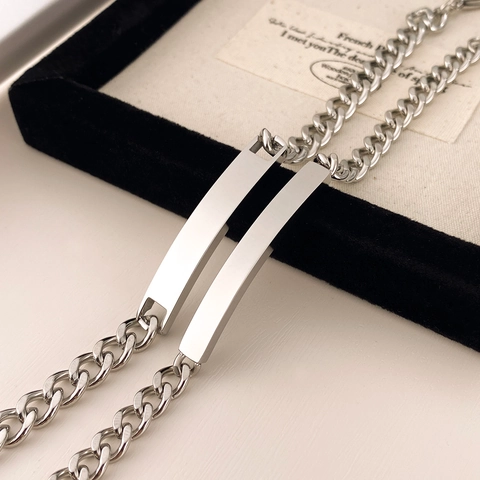 Stainless Steel ID Plate Cuban Link Bracelet For Couples Polished Curved Bar Bracelet Jewelry Gift For Men Women