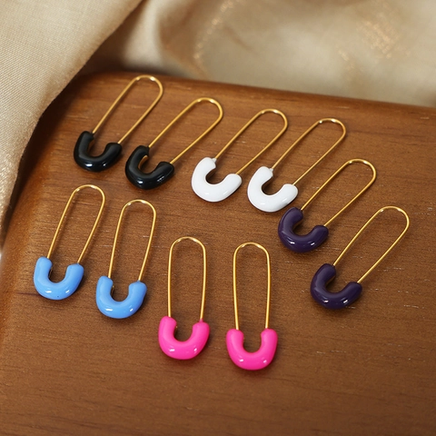 Minimalist Titanium Steel Safety Pin Shape Earrings For Women Colorful U-Shape Enamel Geometric Daily Fashion Jewelry Gifts
