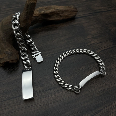 Minimalist Titanium Steel Cuban Link ID Bracelet For Couples Silver Polished Metal Bar Curb Chain Jewelry For Men Women