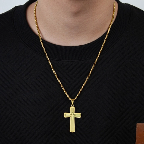 Stainless Steel Double Layer Cross Pendant Necklace For Men Vintage Hip Hop Brushed Metal Religious Jewelry Gift