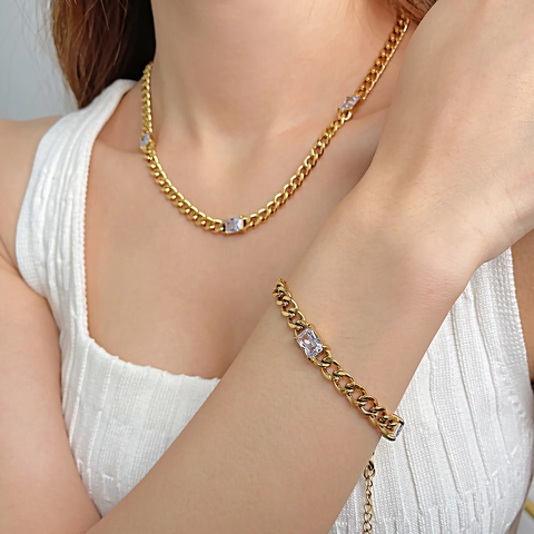 Trendy Stainless Steel Cuban Link Jewelry For Women Gold Silver Curb Chain Necklace And Bracelet With Rectangular Zirconia