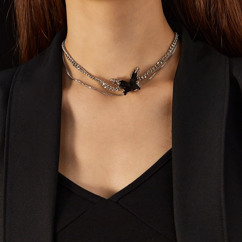 Doppellagige Schmetterling Anhänger Halskette Edelstahlkette Kupfer Harz Cool Y2K Flüssigmetall Stil Für Damen Mode Schmuck Geschenk