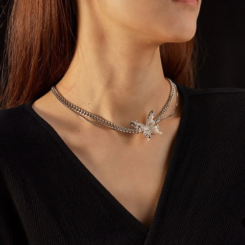 Doppellagige Schmetterling Anhänger Halskette Edelstahlkette Kupfer Harz Cool Y2K Flüssigmetall Stil Für Damen Mode Schmuck Geschenk