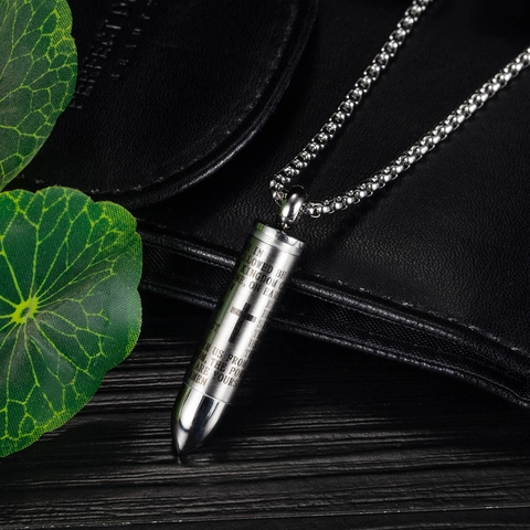 Stainless Steel Bullet Pendant Necklace For Men Retro Hip Hop Cross Lord's Prayer Engraved Religious Jewelry Street Style Neck Chain