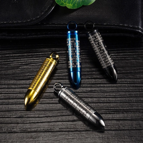 Stainless Steel Bullet Pendant Necklace For Men Retro Hip Hop Cross Lord's Prayer Engraved Religious Jewelry Street Style Neck Chain