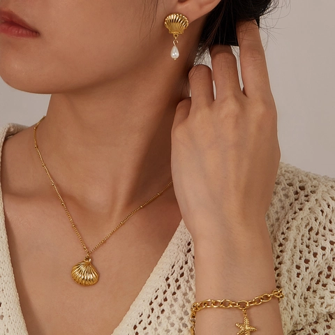 Stainless Steel Ocean Series Jewelry For Women Shell Starfish Artificial Pearl Earrings Necklace Bracelet Beach Fashion Accessories