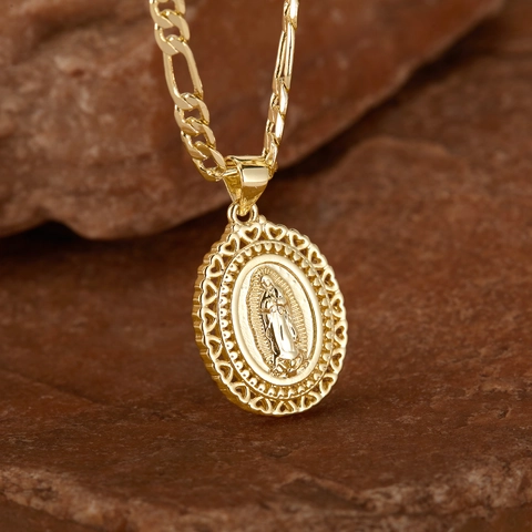 14K Gold Plated Copper Virgin Mary Pendant Necklace For Women Vintage Figaro Chain Our Lady Of Guadalupe Religious Jewelry Gift