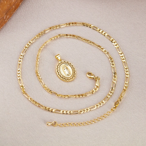 14K Gold Plated Copper Virgin Mary Pendant Necklace For Women Vintage Figaro Chain Our Lady Of Guadalupe Religious Jewelry Gift