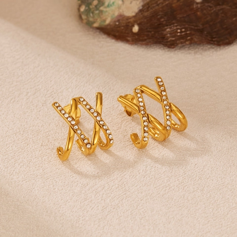 Luxury Stainless Steel Gold Plated Multi-layer X-Shaped Cubic Zirconia Stud Earrings For Women Lightweight Geometric Jewelry
