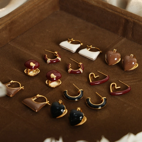 Vintage Stainless Steel Enamel Heart Bag Geometric Earrings For Women Gold Rhinestone Stud Hoop Jewelry Gift