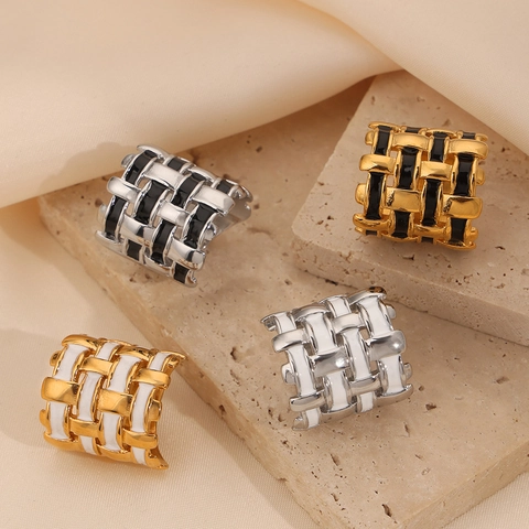 Elegant Woven Titanium Steel Ring Unique Geometric Enamel Braided Wide Band Ring For Women Men Fashion Jewelry Gift