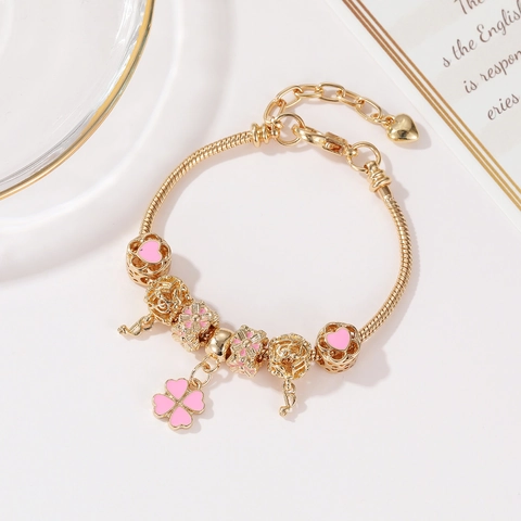 Sakura Flower Charm Bracelet For Women Gold Plated Alloy Snake Chain Enamel Heart Clover Pendant Fresh Jewelry Gift