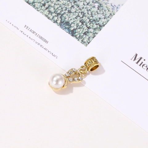 Cute Golden Alloy Rabbit Ear Artificial Pearl Pendant With Greek Key Pattern Rhinestone Accent DIY Jewelry Charm For Easter Gift Women