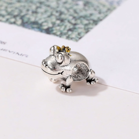 Alloy Cartoon Frog Prince Charm With Gold Crown Large Hole Bead For DIY Bracelet Necklace Making Silver Color Jewelry