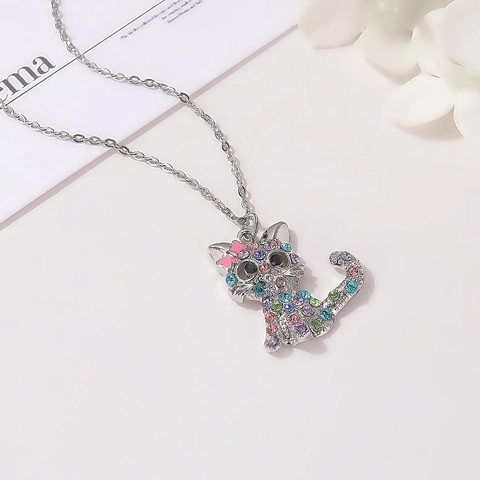 Cartoon Kat Hanger Halsketting Legering Veelkleurige Strass Kitten Halsketting Met Strik Sieraden Cadeau Voor Kinderen Meisjes