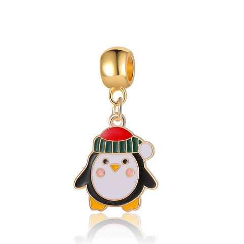 Cartoon Penguin Christmas Hat Charm Gold Plated Alloy Enamel Animal Pendant For DIY Bracelet Necklace Jewelry Making Gift