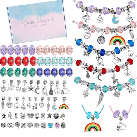 DIY Jewelry Making Kit Colorful Glass Beads Alloy Charms Rainbow Necklace Bracelet Crafting Activity For Girls Handmade Jewelry Gift