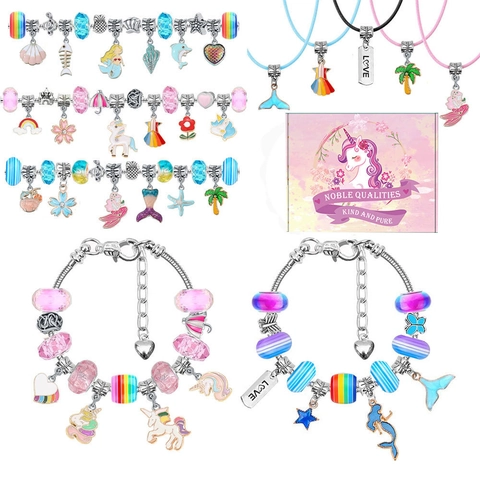 Kinderen DIY Sieraden Maken Set Legering Eenhoorn Zeemeermin Bedeltjes Glaskralen Slangenketting Armband Leren Koord Ketting Voor Meisjes Cadeau