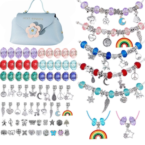 DIY Jewelry Making Kit Colorful Glass Beads Alloy Charms Rainbow Necklace Bracelet Crafting Activity For Girls Handmade Jewelry Gift