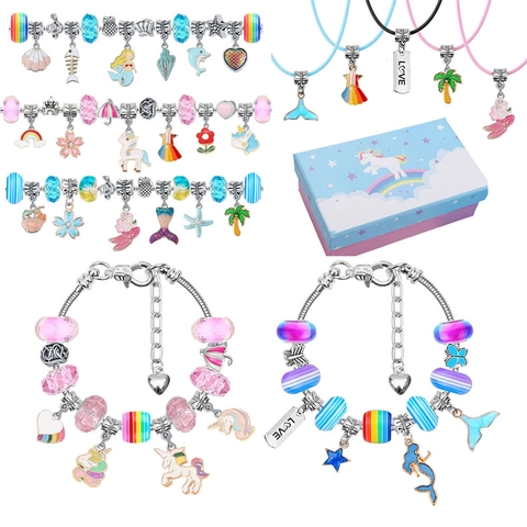 Kinderen DIY Sieraden Maken Set Legering Eenhoorn Zeemeermin Bedeltjes Glaskralen Slangenketting Armband Leren Koord Ketting Voor Meisjes Cadeau