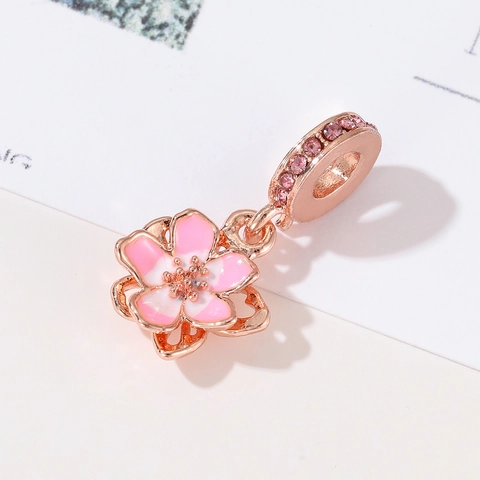 Sweet Pink Enamel Sakura Flower Charm Pendant Rose Gold Plated Alloy Zirconia Inlaid DIY Jewelry Accessory For Women Gift