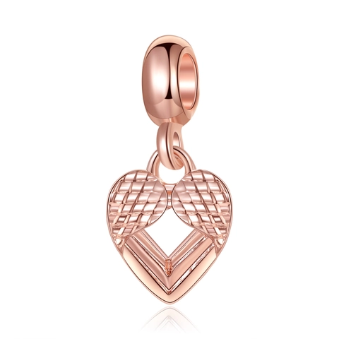 Ciondolo in Lega Oro Rosa a Cuore con Ali d'Angelo per Creazione Fai da Te Collana Bracciale Charm Trama Piuma Gioielli