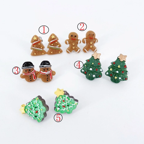Cartoon Christmas Resin Ear Clips For Kids Cute Gingerbread Man Snowman Xmas Tree Clip-on Earrings Set Holiday Jewelry Gift