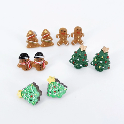 Cartoon Christmas Resin Ear Clips For Kids Cute Gingerbread Man Snowman Xmas Tree Clip-on Earrings Set Holiday Jewelry Gift
