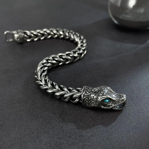 Men's Stainless Steel Snake Head Bracelet Vintage Punk Braided Wheat Chain With Blue Rhinestone Eyes Fashion Jewelry