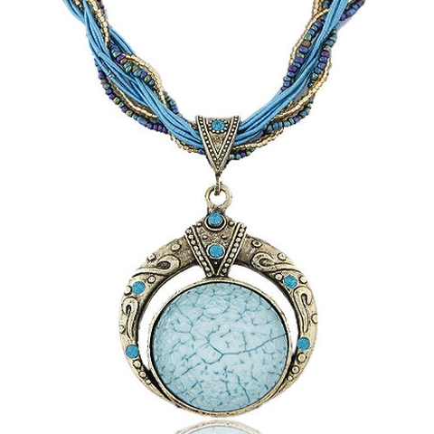Bohemian Vintage Legierung Riss Stein Runde Anhänger Halskette Mehrsträngig Samen Perle Ethno Schmuck Für Damen Party Geschenk