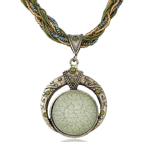Bohemian Vintage Legierung Riss Stein Runde Anhänger Halskette Mehrsträngig Samen Perle Ethno Schmuck Für Damen Party Geschenk