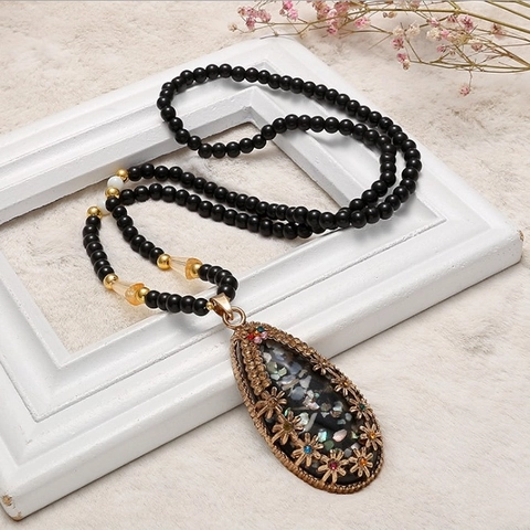 Vintage Bohemian Perlen Anhänger Halskette Ethno Stil Legierung Harz Perlmutt Eingelegt Lange Pulloverkette Damen Schmuck