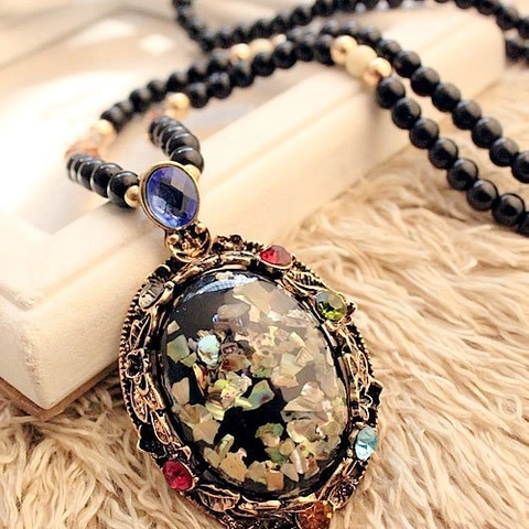 Bohemian Vintage Ethnic Shell Mosaic Geometric Pendant Alloy Rhinestone Bead Chain Long Sweater Necklace Jewelry Women