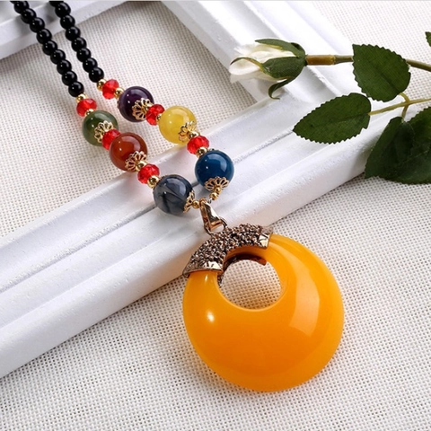 Boheems Etnisch Vintage Lange Trui Ketting Halsketting Legering Hars Kralen Veelkleurige Bloem Hanger Voor Dames Sieraden