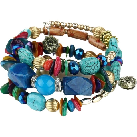 Bracelet Enroulable Multi-couches en Perles Bohème pour Femme Bijoux en Alliage Ethnique Vintage avec Pierre de Turquoise Cristal Coquille