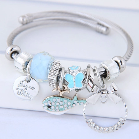 Dames Charm Armband Roestvrij Staal Verstelbare Armband Vlinder Dolfijn Hart Strik Hanger Kristal Kralen Sieraden Cadeau