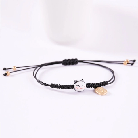 Gelukskat Maneki-neko Keramische Kraal Gevlochten Koord Armband Verstelbaar Welvaart Vrede Legering Bedel Dames Etnische Sieraden