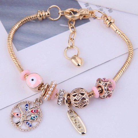Bracciale Bohemian Placcato Oro Lega Malocchio Albero Della Vita Con Perline Strass Catena A Serpente Gioielli Moda Donna