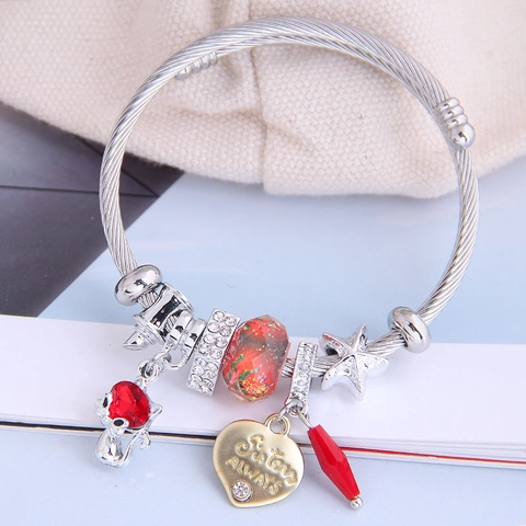 Women Stainless Steel DIY Beaded Charm Bracelet Alloy Heart Cat Star Crystal Sisters Always Letter Open Bangle Jewelry