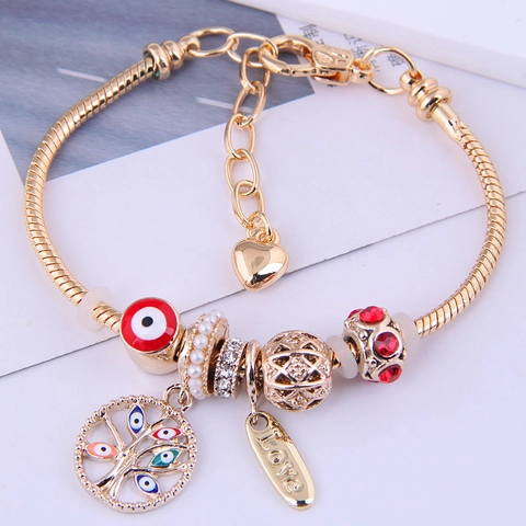 Bracciale Bohemian Placcato Oro Lega Malocchio Albero Della Vita Con Perline Strass Catena A Serpente Gioielli Moda Donna