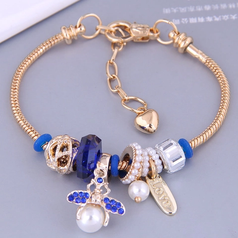 Damen Vergoldet Legierung Biene Armband Mit Kunstperle Strass Kristall Herz Love Anhänger Schlangenkette Modeschmuck