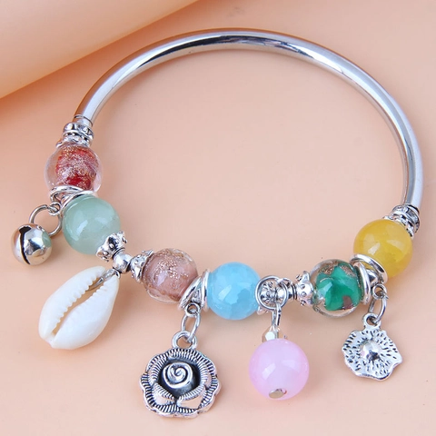 Bohemian Hamsa Hand Evil Eye Beaded Charm Bracelet For Women Rose Flower Shell Ethnic Style Alloy Jewelry Bangle Gift